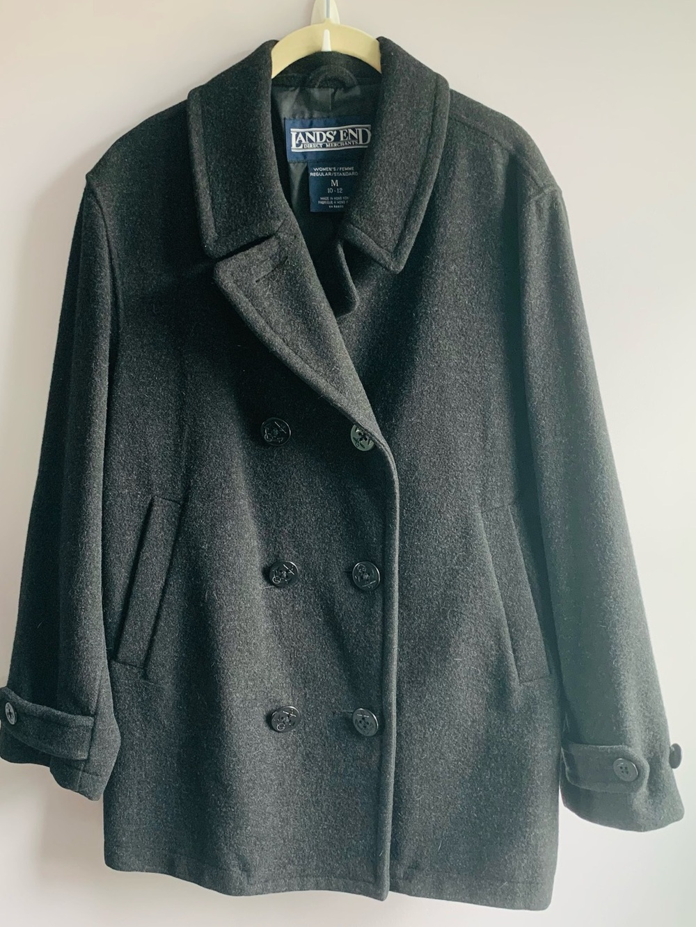 Vintage Lands End 100% Wool Pea Coat Black Double Breasted Classic Winter 10/12
